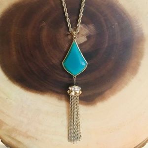 Teal Tassel Long Necklace- Gold/ Teal